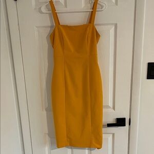 ANTONIO MELANI Mustard Yellow Square-Neck Midi Bodycon Dress